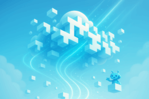 Cloud infrastructure blocks moving through a blue deployment path