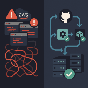 Tangled AWS deployment errors compared with a clean GitHub deployment pipeline