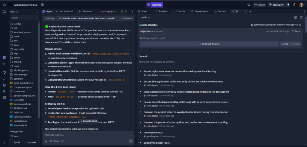 Image of the Replit enviroment I was working in - showing the agent conversation and version control