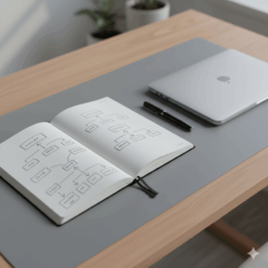 Notebook workflow sketches beside a laptop on a desk