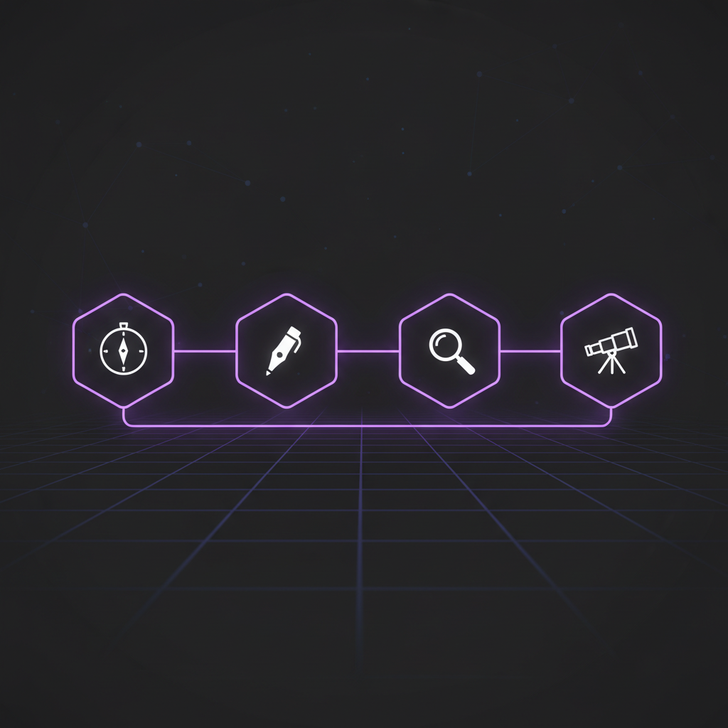 Four interconnected AI agent nodes in a purple pipeline flow representing a content automation system