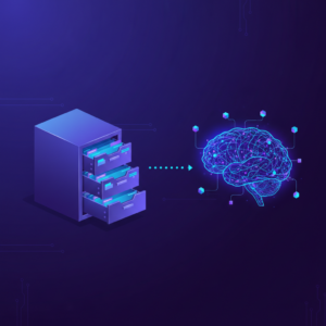 Filing cabinet connected to neural network brain representing two AI memory systems