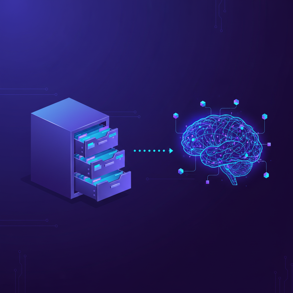 Filing cabinet connected to neural network brain representing two AI memory systems