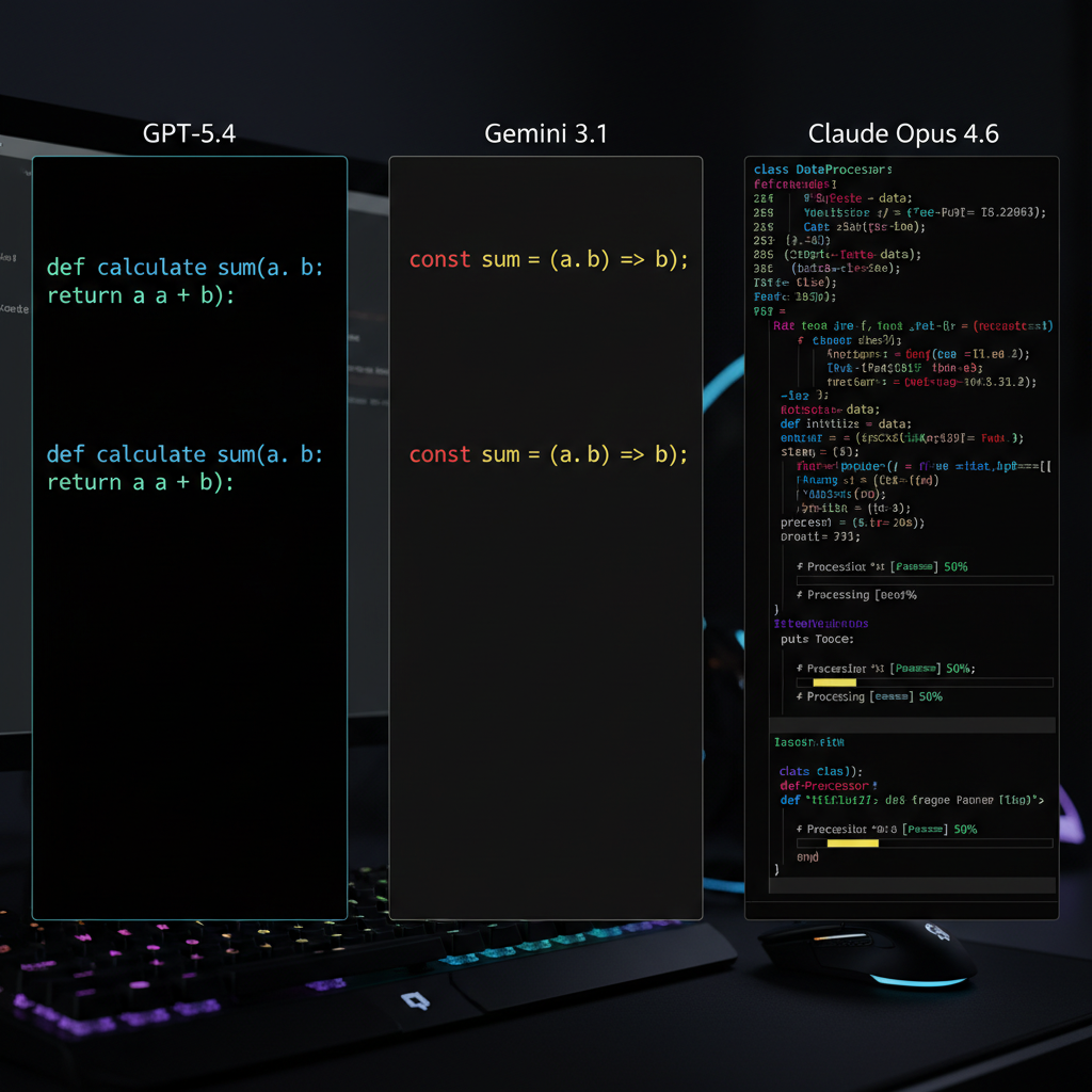 Split-screen comparison of three terminal windows showing code output from GPT-5.4, Gemini 3.1, and Claude Opus 4.6