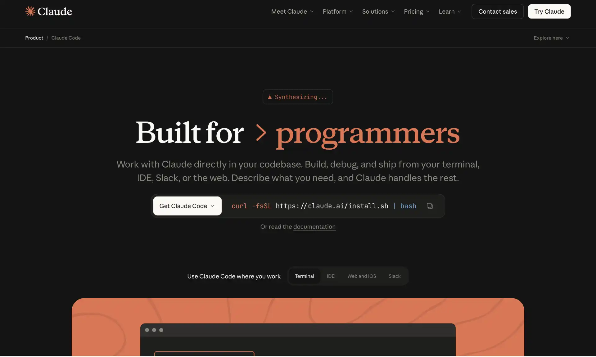 Claude Code landing page showing Built for programmers tagline and terminal install command