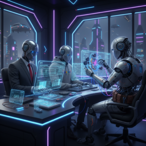 Three AI robots at a workstation — one in a suit analyzing data, one in a Google hoodie typing, one building with tools