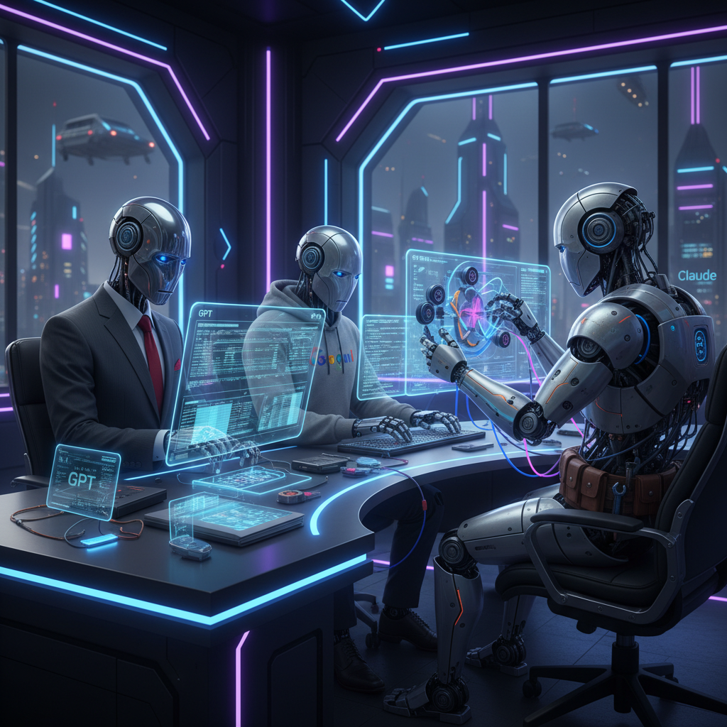 Three AI robots at a workstation — one in a suit analyzing data, one in a Google hoodie typing, one building with tools