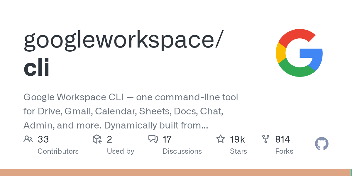 Google Workspace CLI GitHub repository showing 19k stars and project description
