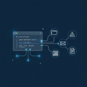 Terminal window connected to Google Workspace icons showing CLI commands for Drive, Gmail, Calendar, and Docs