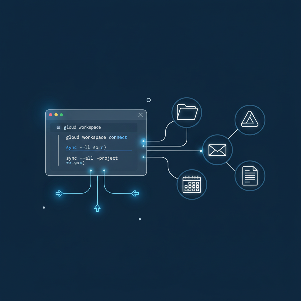 Terminal window connected to Google Workspace icons showing CLI commands for Drive, Gmail, Calendar, and Docs