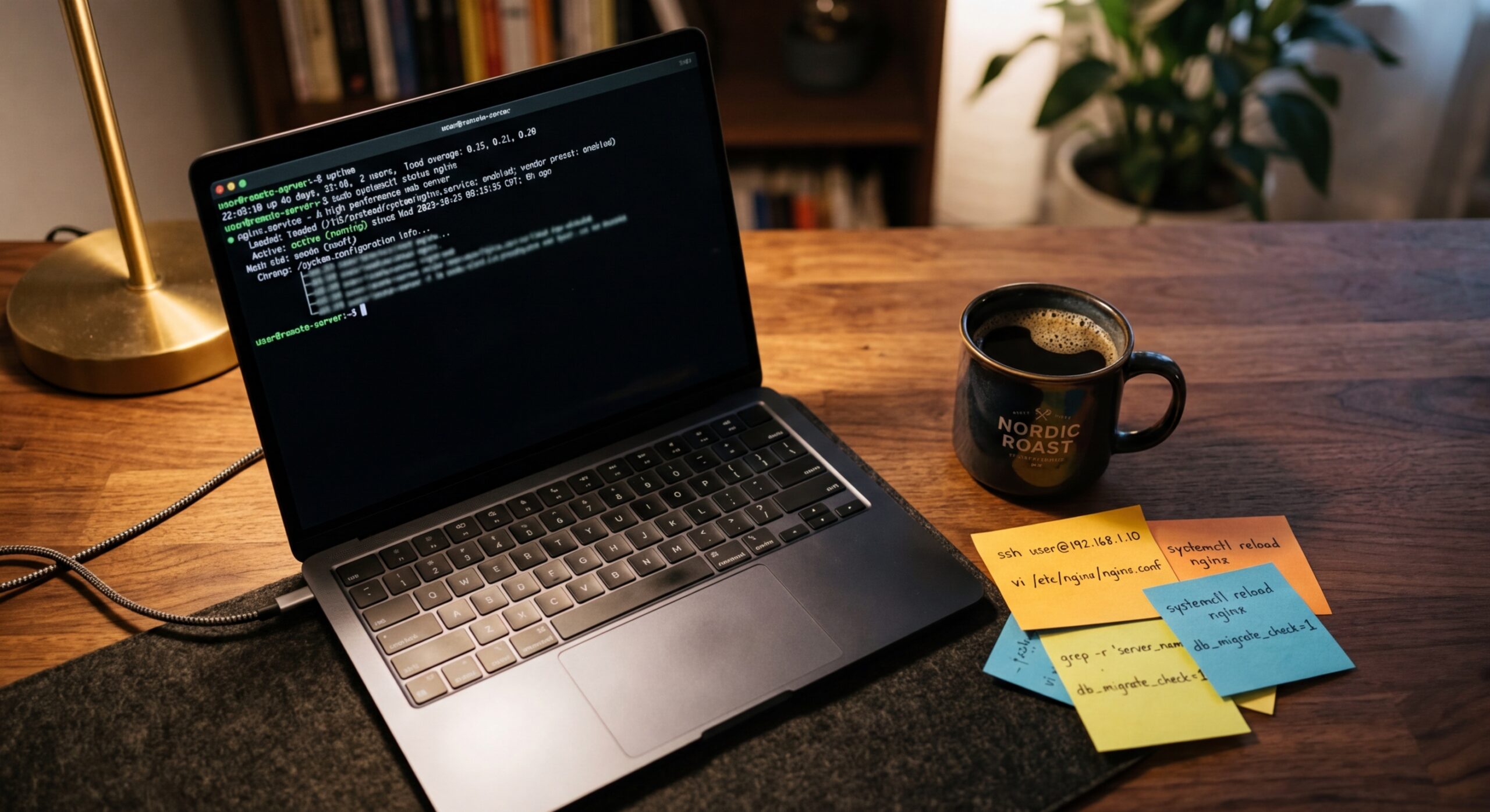 Laptop on a wooden desk showing a terminal SSH session with sticky notes and coffee, warm lamp lighting