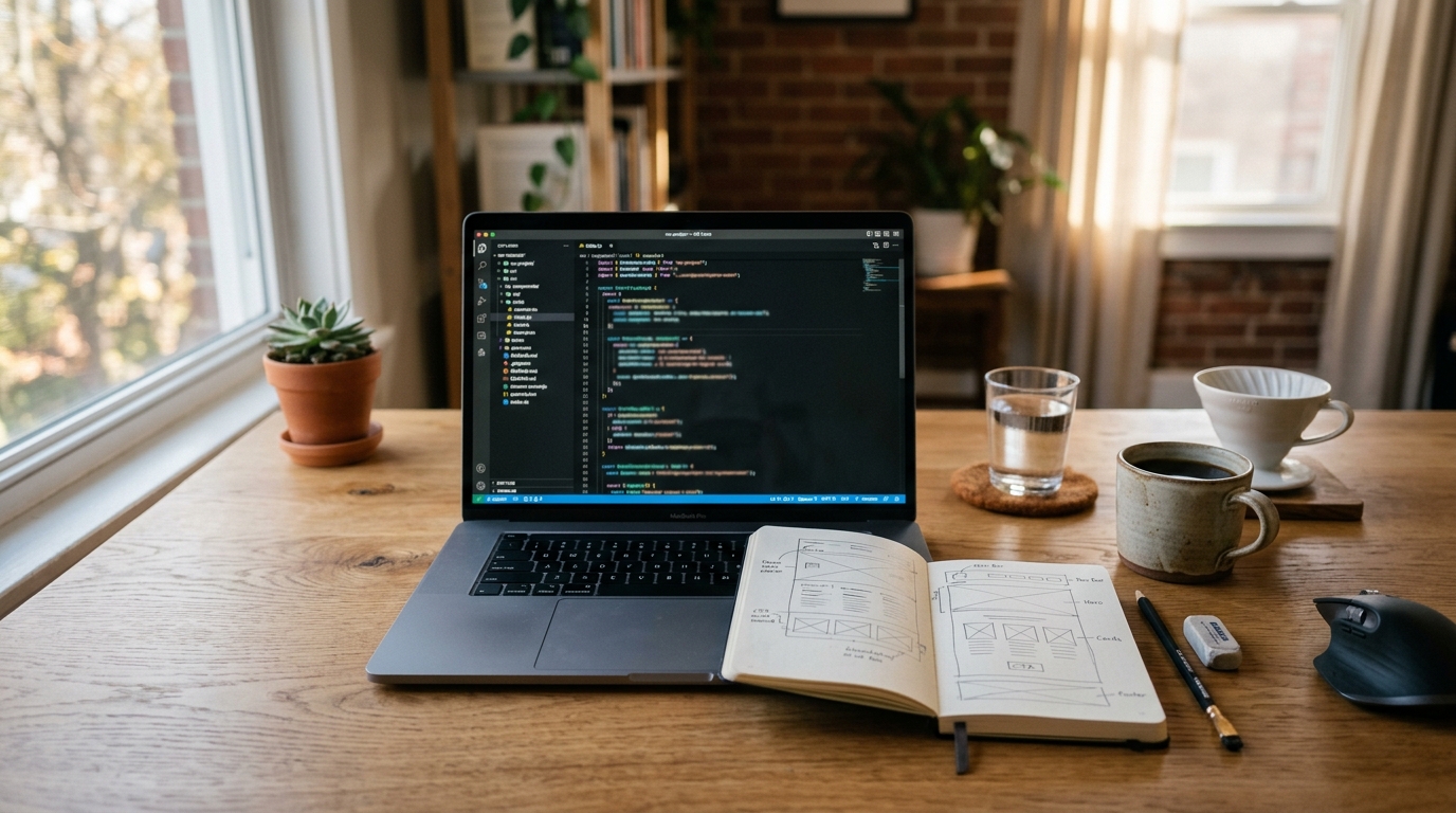 Minimalist workspace with laptop open to a code editor showing a project folder tree, next to a notebook with hand-drawn wireframe sketches and a pour-over coffee in warm window light