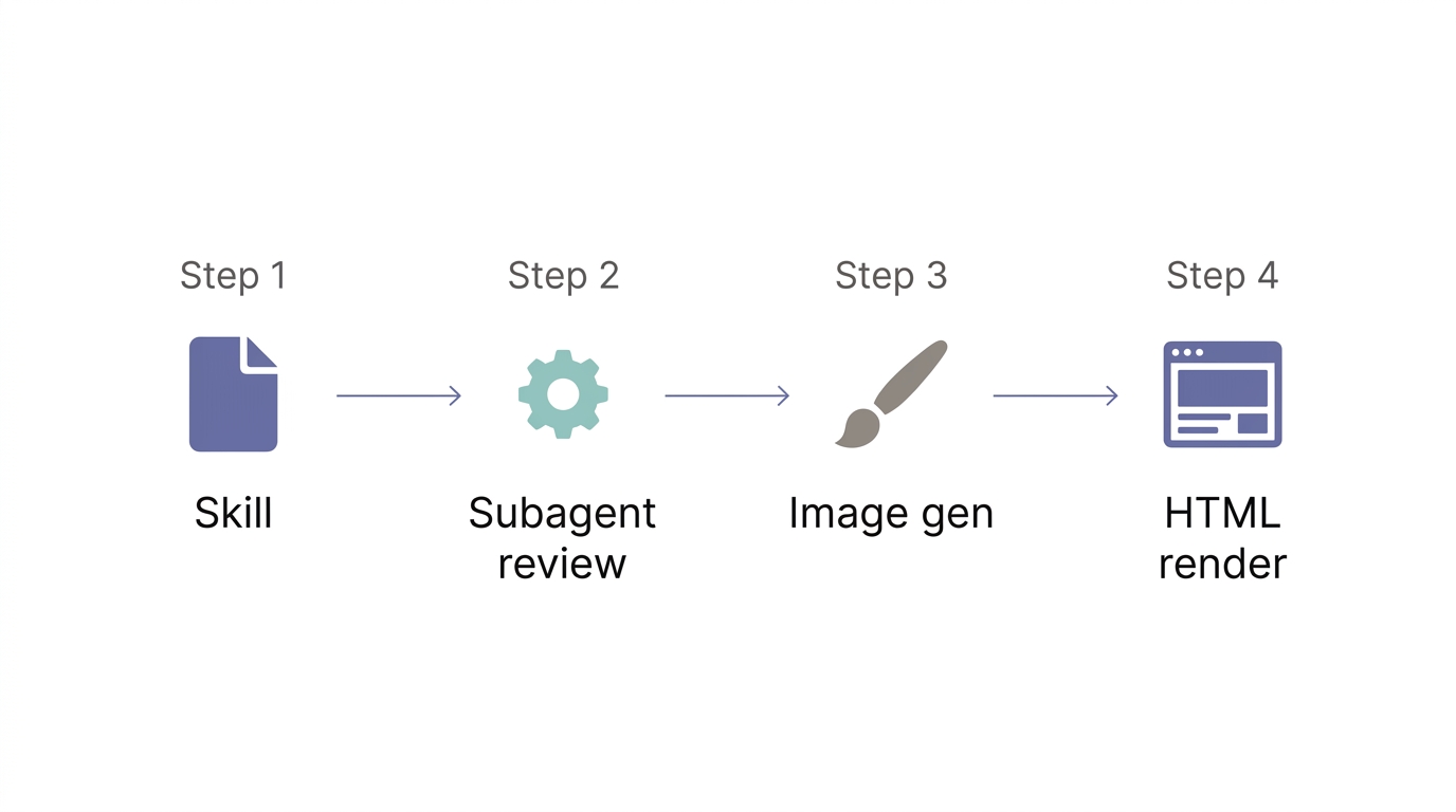 Flat-design infographic showing a four-step design pipeline: Skill, Subagent review, Image gen, HTML render