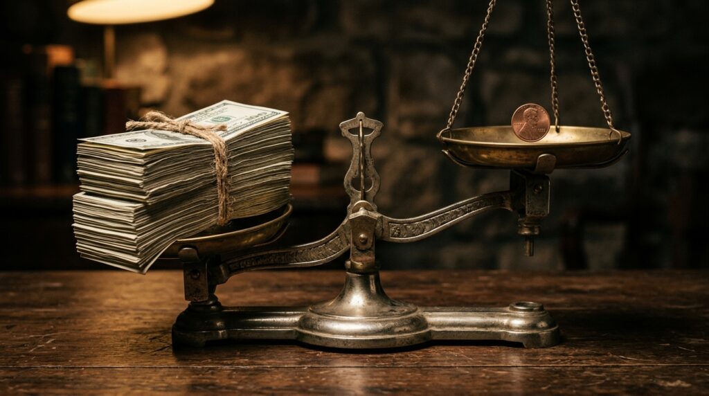 Vintage brass balance scale with a heavy stack of 00 bills on one side tipping down sharply against a single copper penny lifted high on the other side, warm tungsten lamp light, dark walnut surface