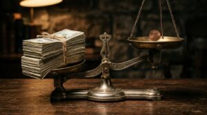 Vintage brass balance scale with a heavy stack of 00 bills on one side tipping down sharply against a single copper penny lifted high on the other side, warm tungsten lamp light, dark walnut surface