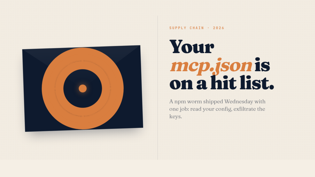 Editorial poster illustration of a navy envelope with a warm-orange bullseye target painted on its face, with the headline 'Your mcp.json is on a hit list'
