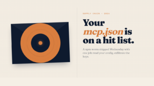 Editorial poster illustration of a navy envelope with a warm-orange bullseye target painted on its face, with the headline 'Your mcp.json is on a hit list'