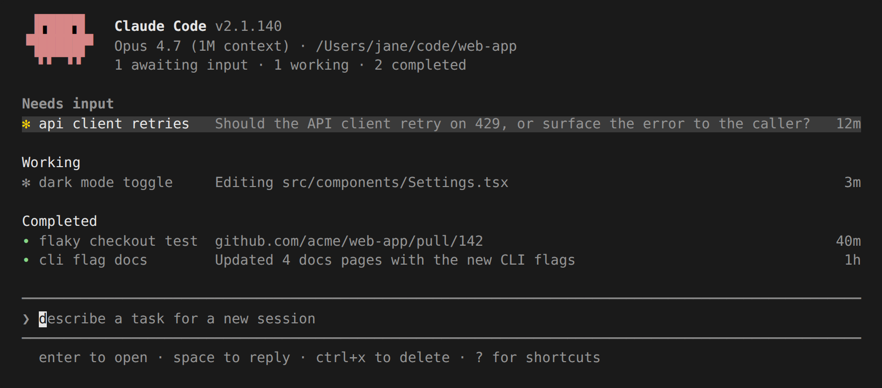 Anthropic Claude Code Agent View terminal interface showing background sessions grouped by status with auto-generated names and activity indicators