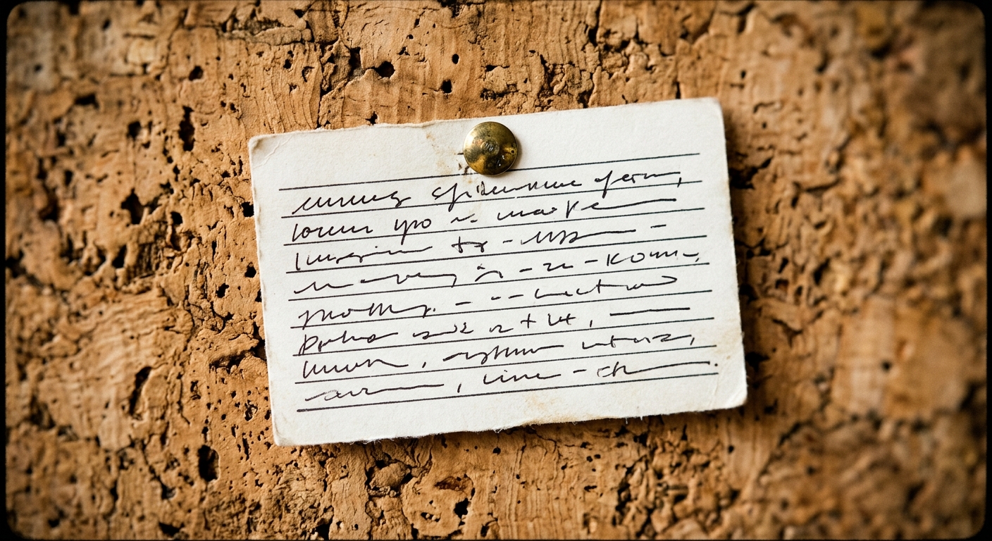 Editorial macro photograph of a single small white index card pinned to a weathered cork board by a single brass thumbtack, suggesting handwritten ink notes