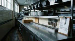 Empty commercial restaurant kitchen line at 6am, brushed-steel pass-through, prep stations clean and ready, single clipboard with handwritten prep list, morning light through high windows