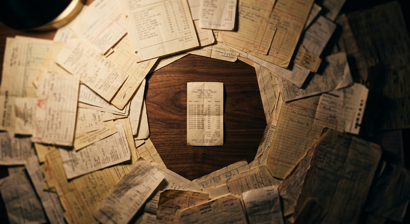 Overhead view of a single small receipt at center, ringed by dozens of larger faded ledger pages and torn invoices on dark wood