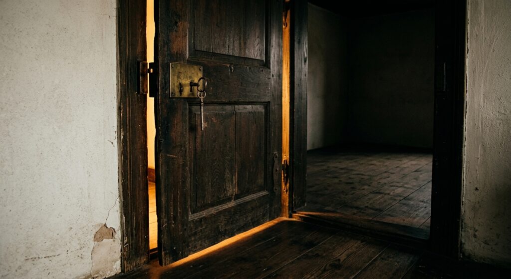 Heavy old wooden door slightly ajar with a brass lock and key, warm light pouring through the gap onto dark floorboards, an empty bare room visible beyond