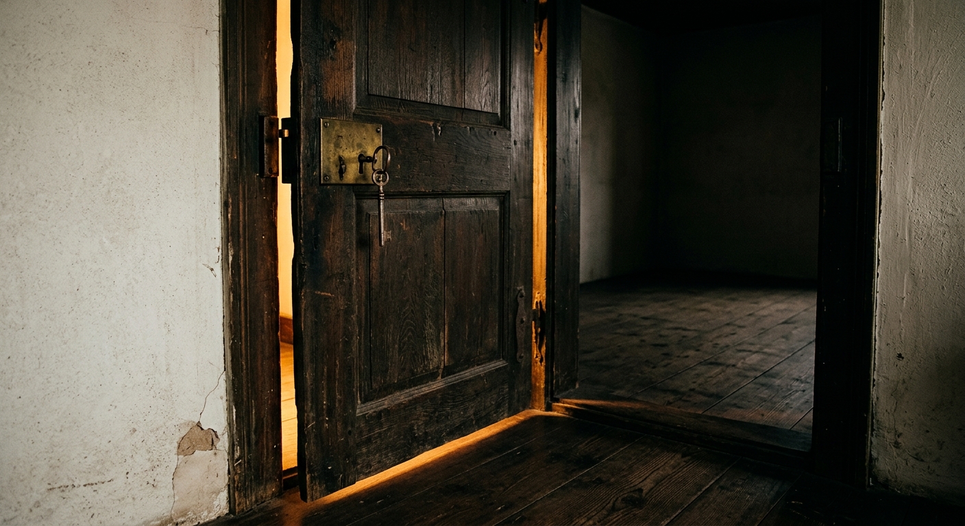 Heavy old wooden door slightly ajar with a brass lock and key, warm light pouring through the gap onto dark floorboards, an empty bare room visible beyond