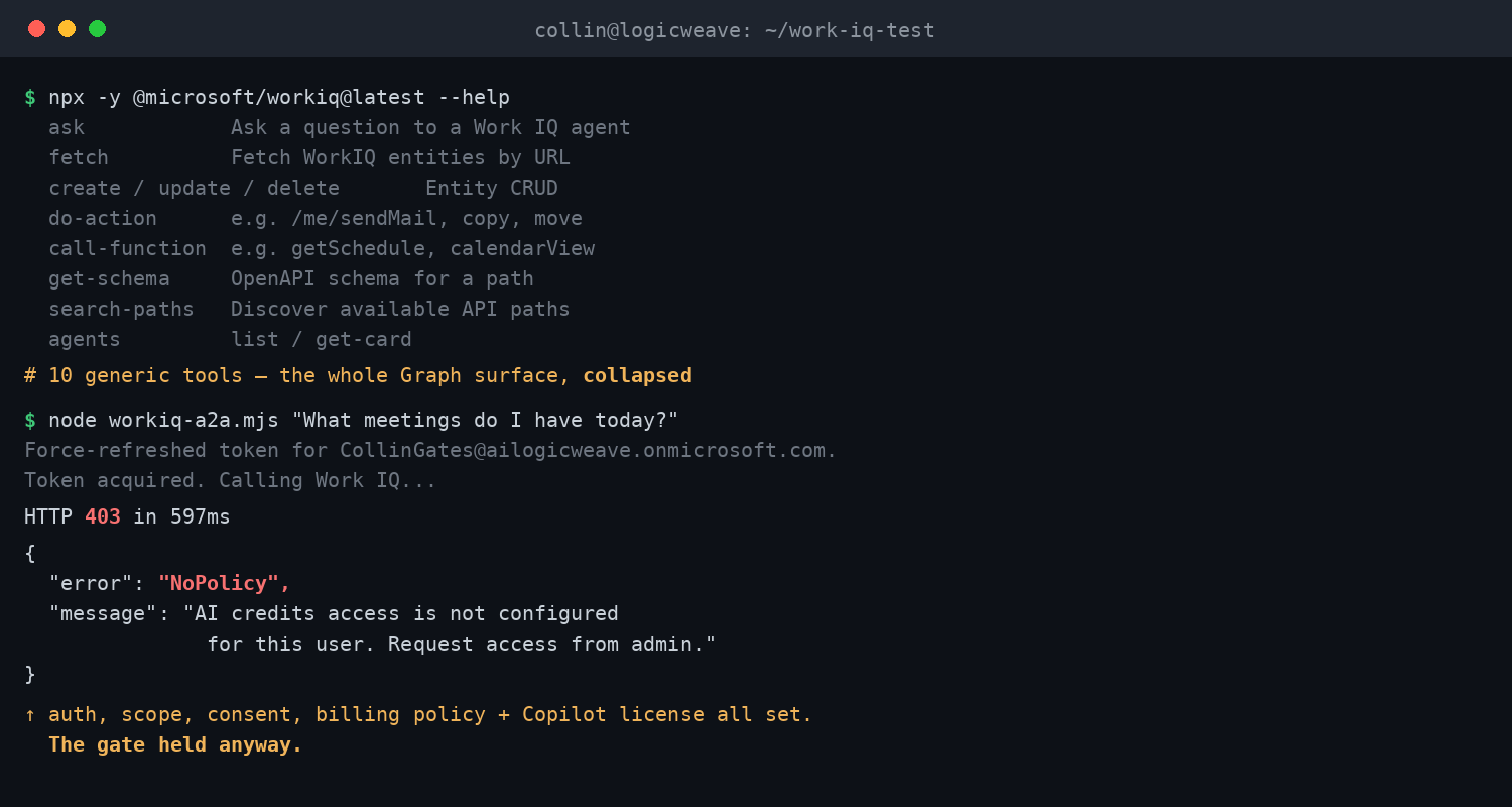 Terminal showing the Work IQ CLI's 10 tools and a live A2A call returning a 403 NoPolicy error after full setup