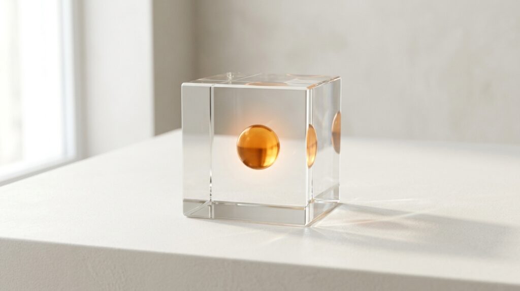 A small amber glowing sphere sealed inside a solid clear glass cube on a bright white surface