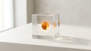 A small amber glowing sphere sealed inside a solid clear glass cube on a bright white surface