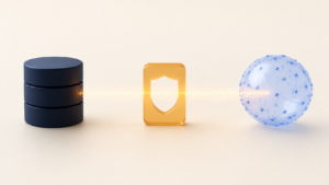 Approved data moves from a dark database through a central security gateway to a connected AI system.