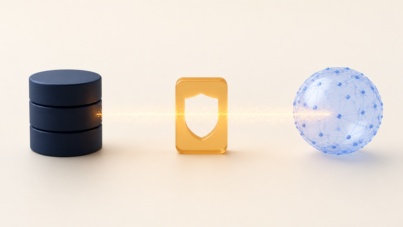 Approved data moves from a dark database through a central security gateway to a connected AI system.