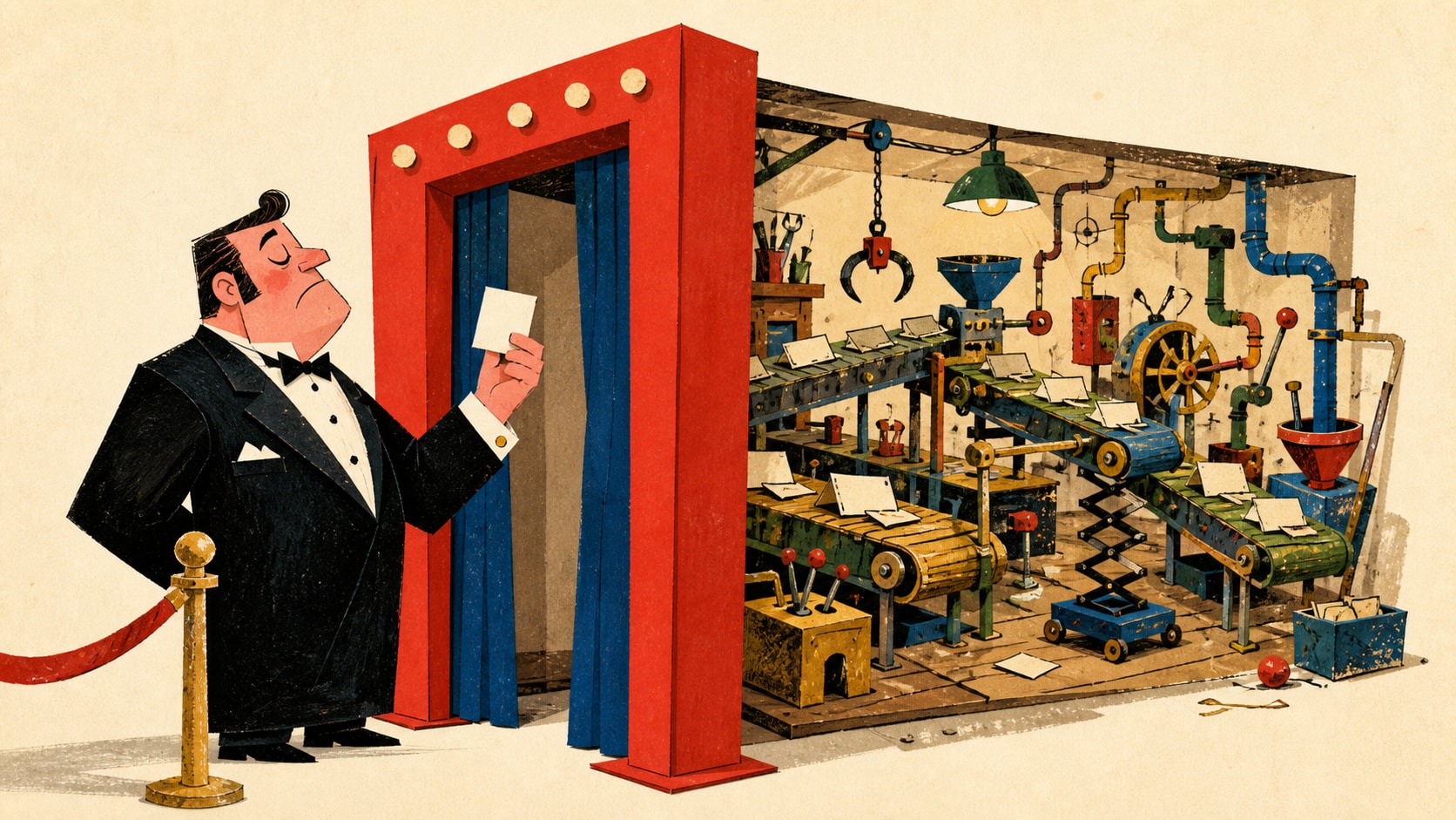An illustrated doorman checks an admission card at a red doorway while a colorful workshop of conveyor belts and machinery runs behind him.