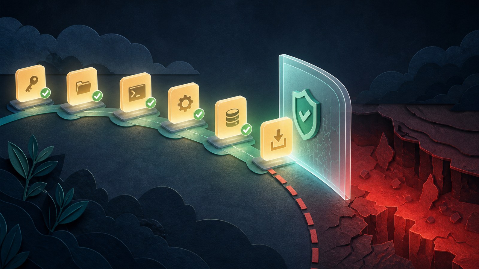 A sequence of approved action tiles approaches a red hazard boundary while a translucent policy shield stops the final action.